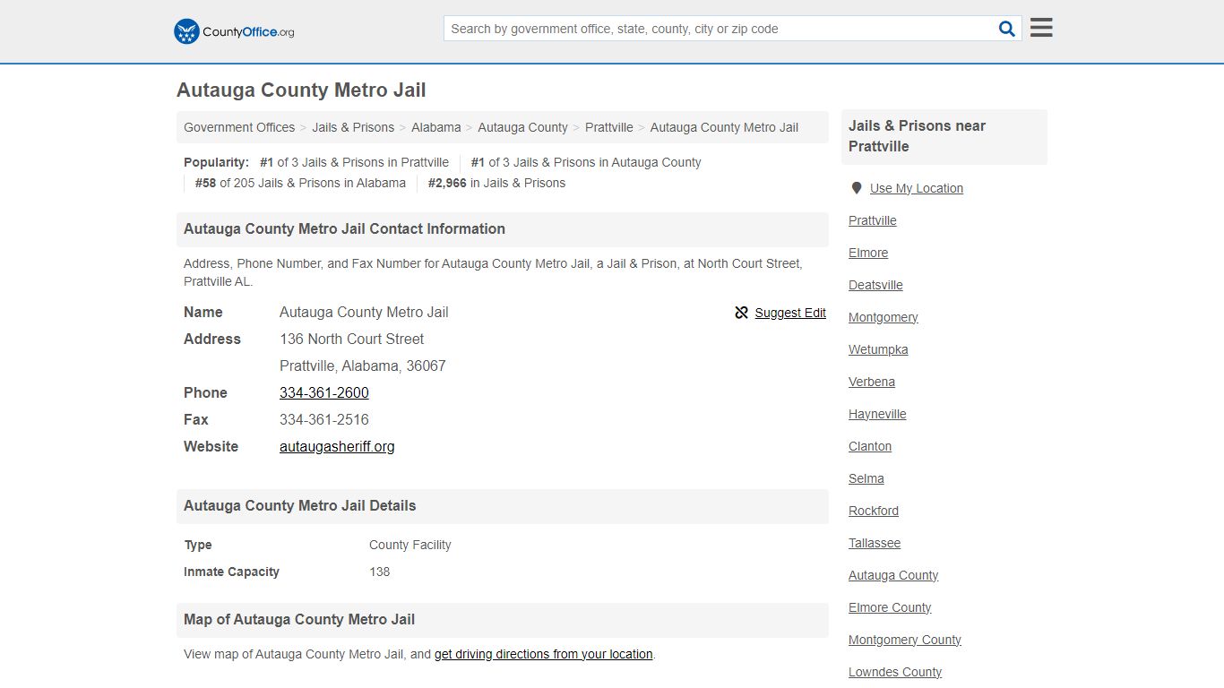 Autauga County Metro Jail - Prattville, AL (Address, Phone, and Fax)